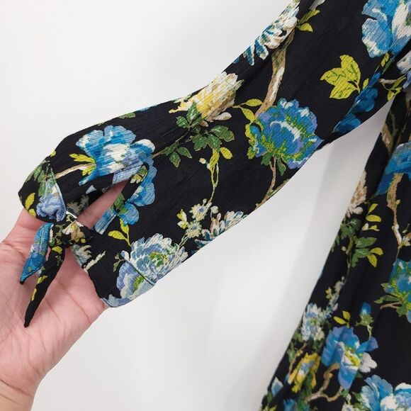 J. Jill Floral Blouse Tie Sleeve Textured Rayon Top Black Blue Career Work Large - Picture 5 of 12